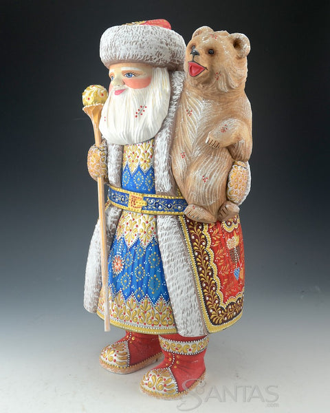 Colorful Red and Blue Russian Santa Carving with Bear