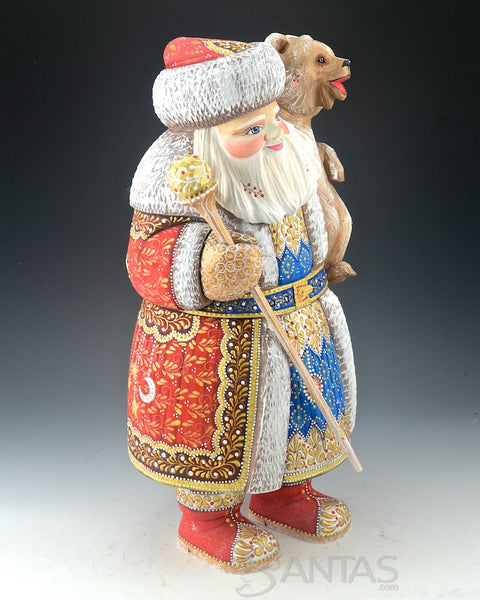 Colorful Red and Blue Russian Santa Carving with Bear