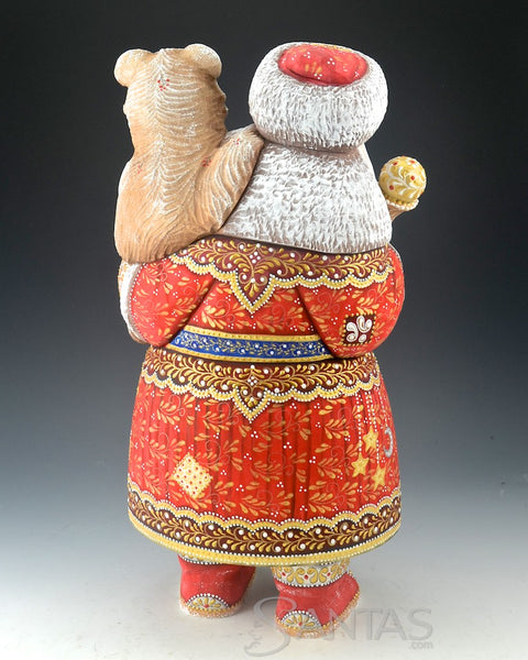 Colorful Red and Blue Russian Santa Carving with Bear