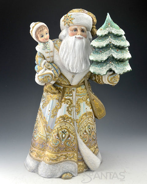 Elegant Russian Santa Carving Holding a Child and Christmas Tree