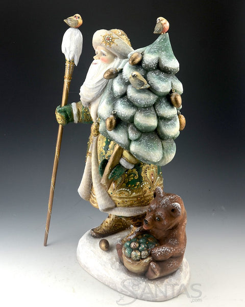 Emerald Green Russian Santa Carving with Bear and Holding a Christmas Tree