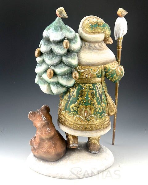 Emerald Green Russian Santa Carving with Bear and Holding a Christmas Tree