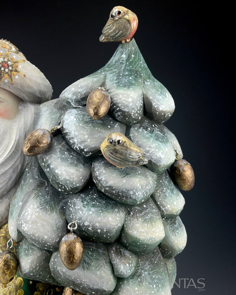 Emerald Green Russian Santa Carving with Bear and Holding a Christmas Tree