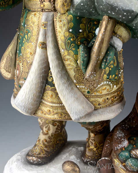 Emerald Green Russian Santa Carving with Bear and Holding a Christmas Tree