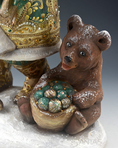 Emerald Green Russian Santa Carving with Bear and Holding a Christmas Tree