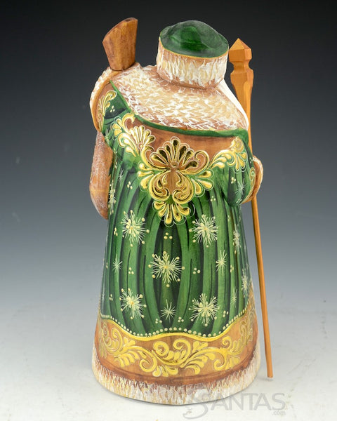 Emerald Green and Gold Carved Russian Santa With Toy Bag