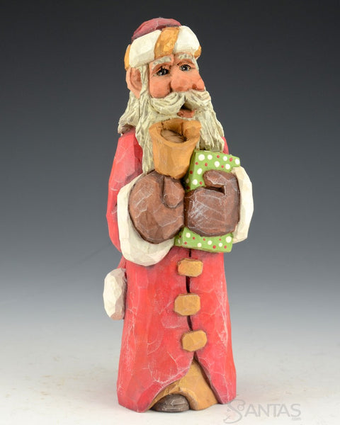 Long Hat Santa Holding Gold Bell and Present