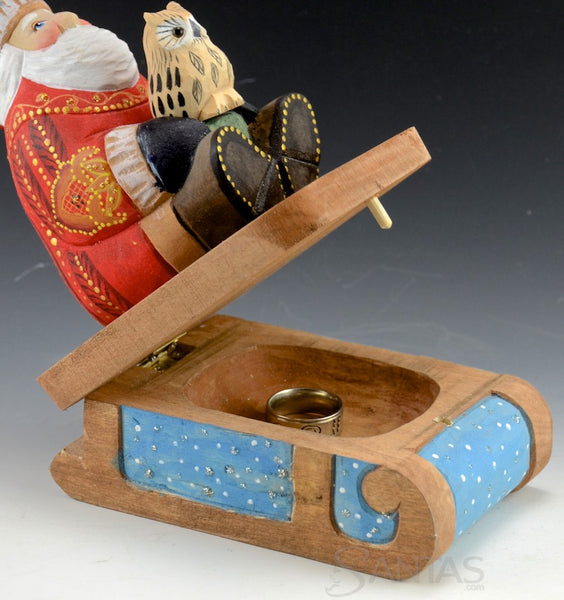 Wooden Santa and Owl on Secret Box Sled