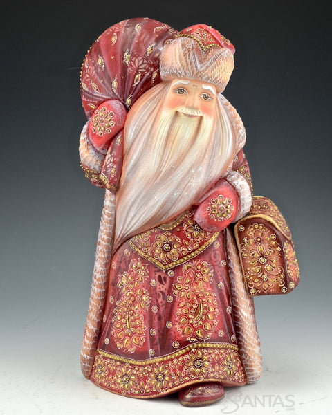 Brilliant Red and Gold Russian Santa with Satchel