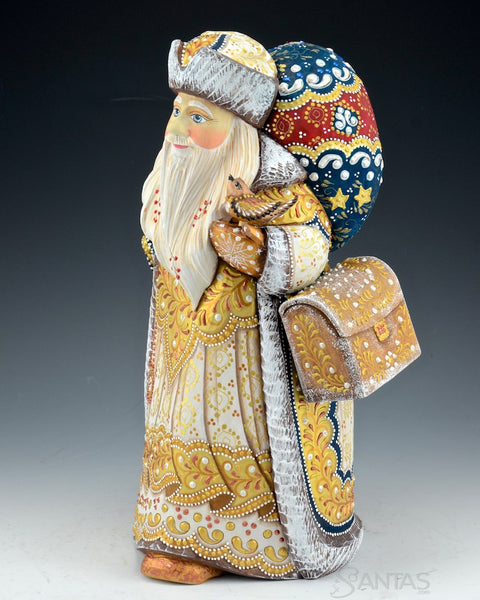 14 inch White and Gold Russian Santa with Satchel