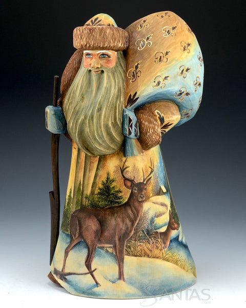 Twilight Santa with Deer and Lodge Scene