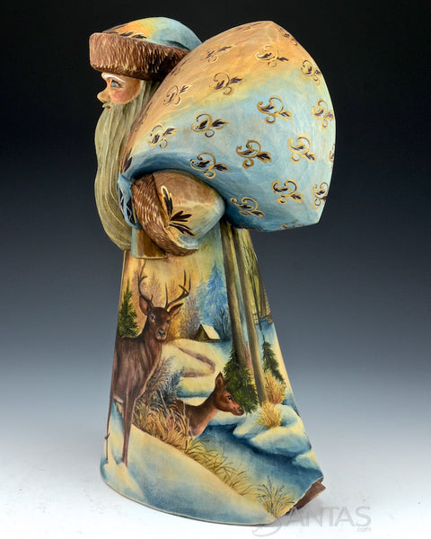 Twilight Santa with Deer and Lodge Scene