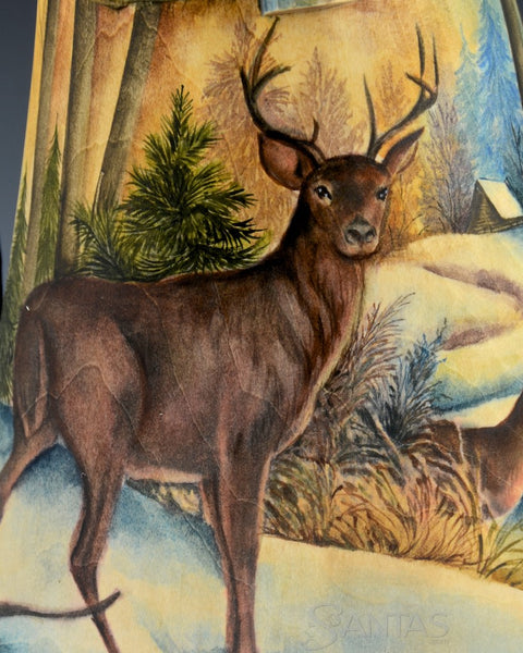 Twilight Santa with Deer and Lodge Scene