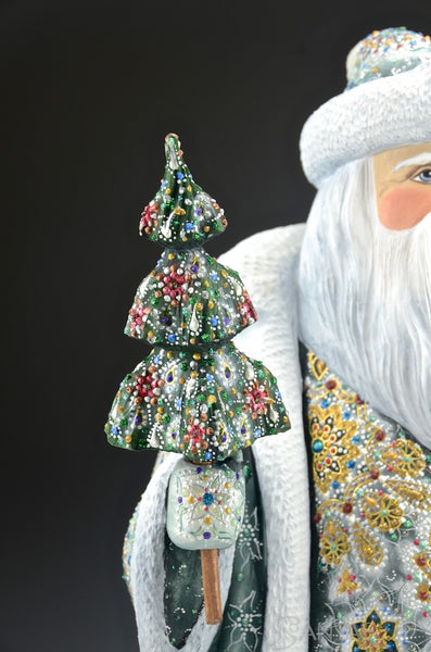 Majestic Emerald Russian Santa with Staff and Tree
