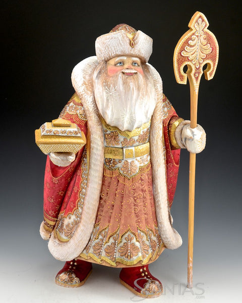 Royal Red and Gold Frosted Russian Santa with Gift Box