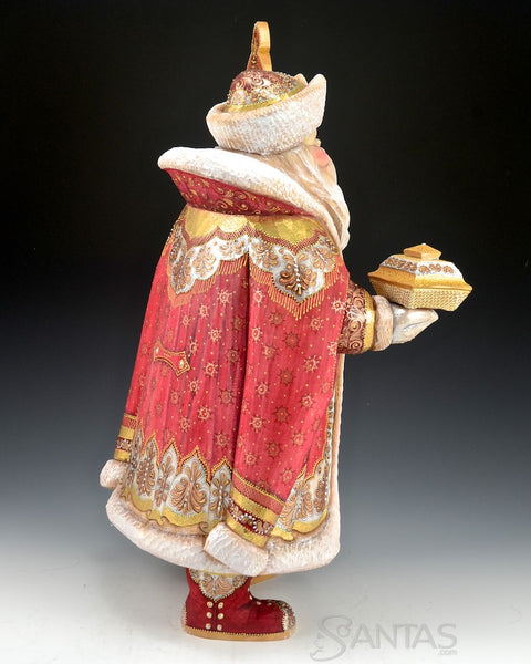 Royal Red and Gold Frosted Russian Santa with Gift Box