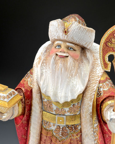 Royal Red and Gold Frosted Russian Santa with Gift Box