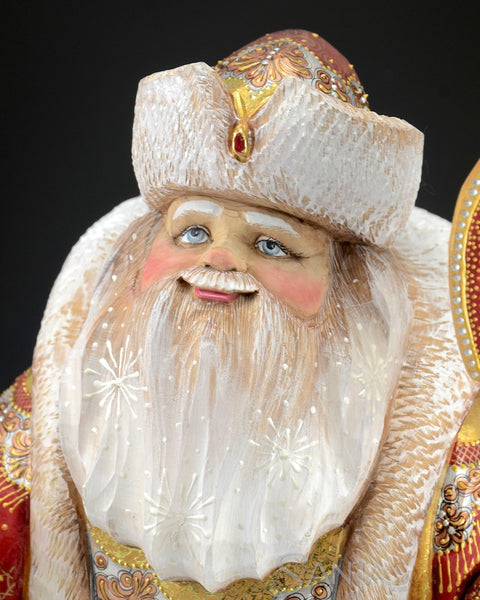 Royal Red and Gold Frosted Russian Santa with Gift Box