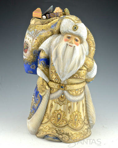 Regal Blue and Gold Russian Santa with wood burned Detail