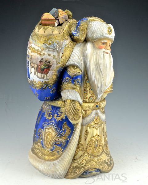 Regal Blue and Gold Russian Santa with wood burned Detail