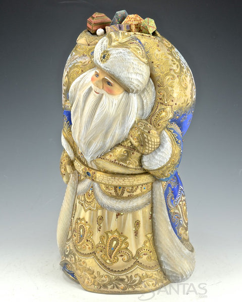 Regal Blue and Gold Russian Santa with wood burned Detail