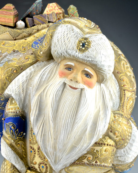 Regal Blue and Gold Russian Santa with wood burned Detail