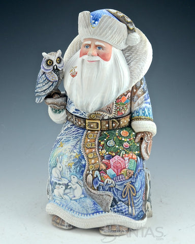 Woodland Russian Santa Sitting with Owl on Birch Log