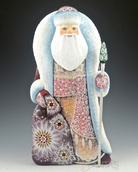 Burgundy and Snow Frosted Decorative and Russian Santa 12.5 inches