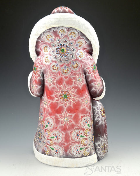 Burgundy and Snow Frosted Decorative and Russian Santa 12.5 inches
