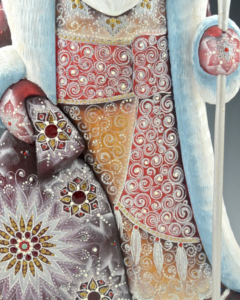 Burgundy and Snow Frosted Decorative and Russian Santa 12.5 inches