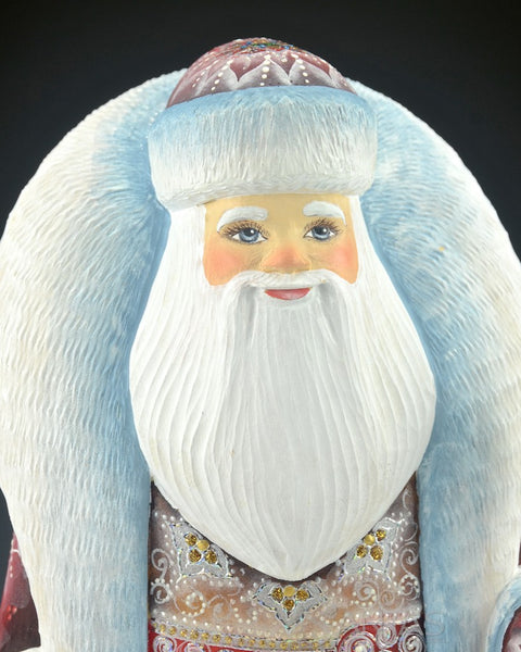 Burgundy and Snow Frosted Decorative and Russian Santa 12.5 inches