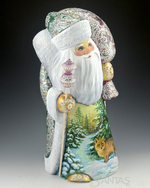 Beautiful Russian Santa with Wilderness Scenes on Front and Toy Bag