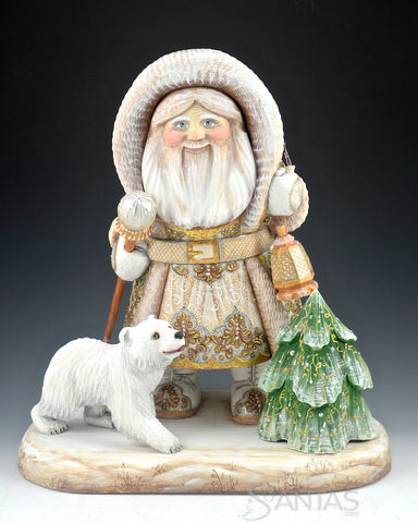 White and Gold Bundled Up Russian Santa with Bear and Tree
