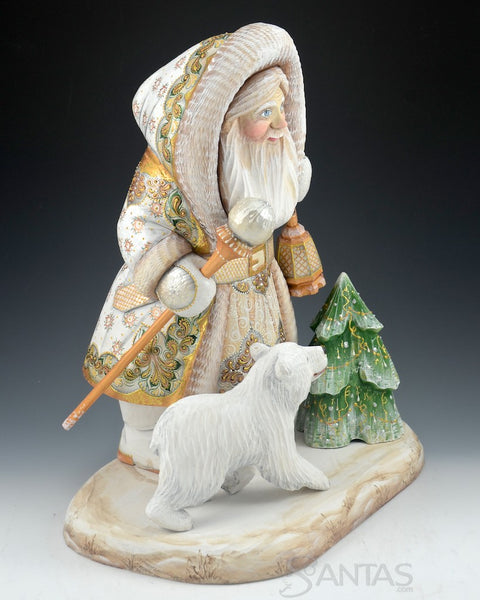 White and Gold Bundled Up Russian Santa with Bear and Tree