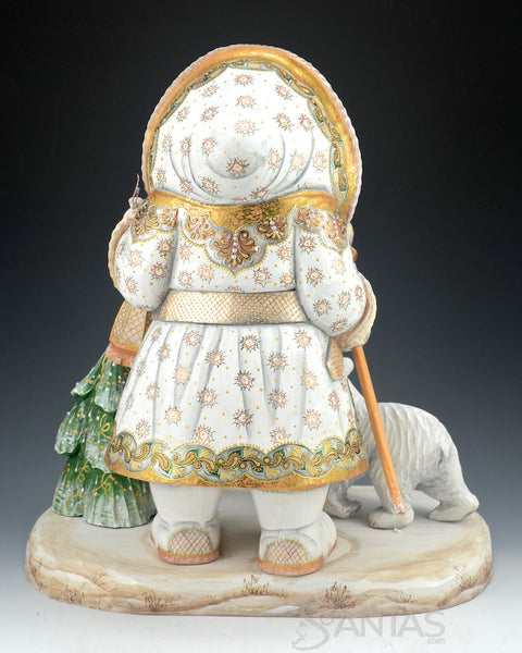 White and Gold Bundled Up Russian Santa with Bear and Tree