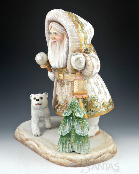 White and Gold Bundled Up Russian Santa with Bear and Tree