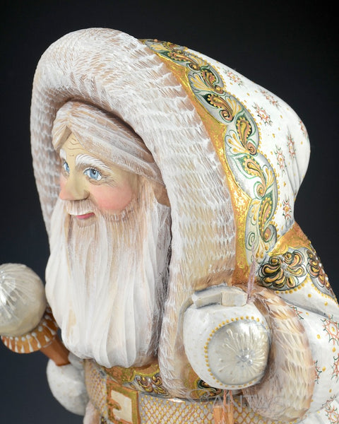 White and Gold Bundled Up Russian Santa with Bear and Tree