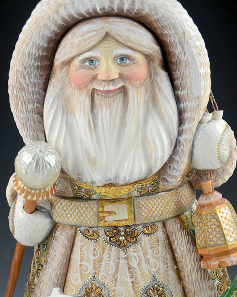 White and Gold Bundled Up Russian Santa with Bear and Tree