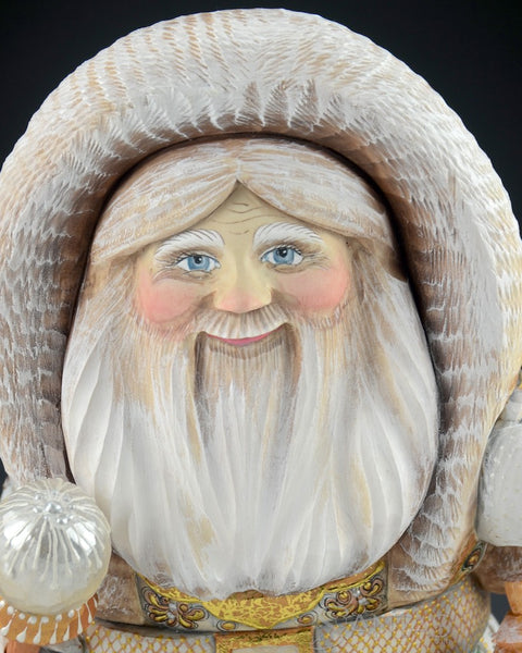White and Gold Bundled Up Russian Santa with Bear and Tree