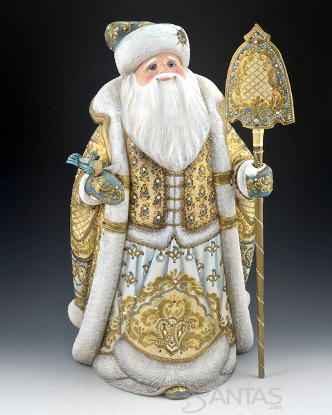 Large White and Gold Russian Santa with Staff and Bird 16 inch