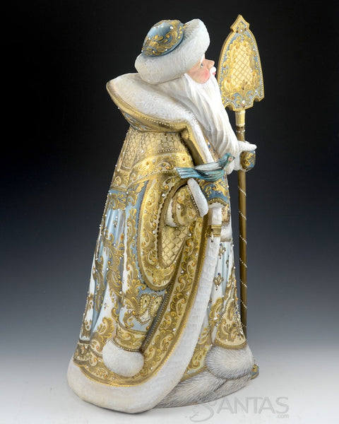 Large White and Gold Russian Santa with Staff and Bird 16 inch