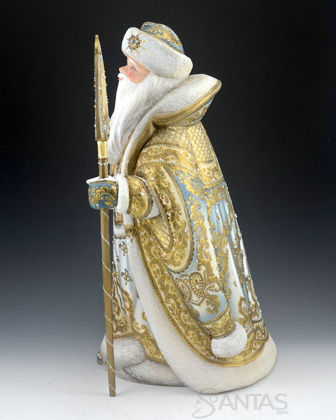 Large White and Gold Russian Santa with Staff and Bird 16 inch