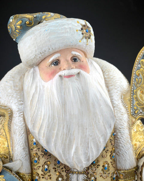 Large White and Gold Russian Santa with Staff and Bird 16 inch