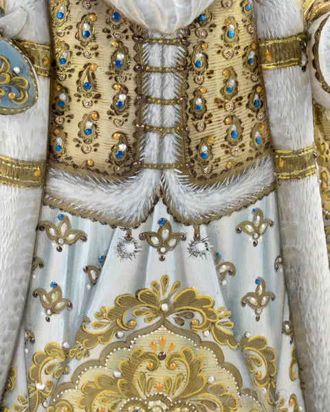 Large White and Gold Russian Santa with Staff and Bird 16 inch