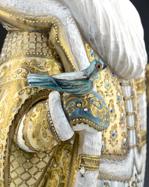 Large White and Gold Russian Santa with Staff and Bird 16 inch