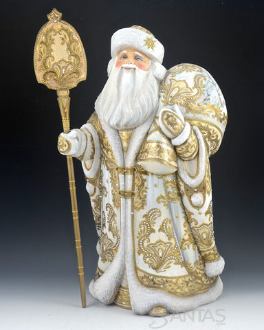 Majestic White and Gold Russian Santa with Staff and Toy Bag 18 inch
