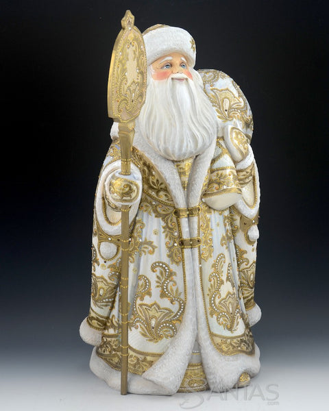 Majestic White and Gold Russian Santa with Staff and Toy Bag 18 inch