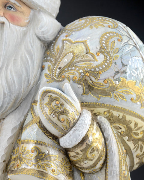 Majestic White and Gold Russian Santa with Staff and Toy Bag 18 inch