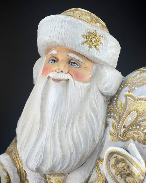 Majestic White and Gold Russian Santa with Staff and Toy Bag 18 inch