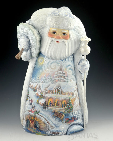 Winter White Russian Santa with Snowy Village Scenes and Tree 14 inch